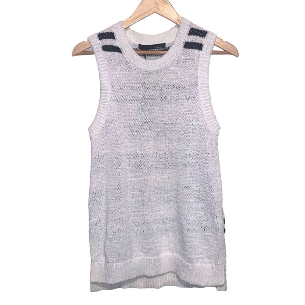 360 Sweater Italian Yarn White & Navy Striped Nautical Sleeveless Top Large